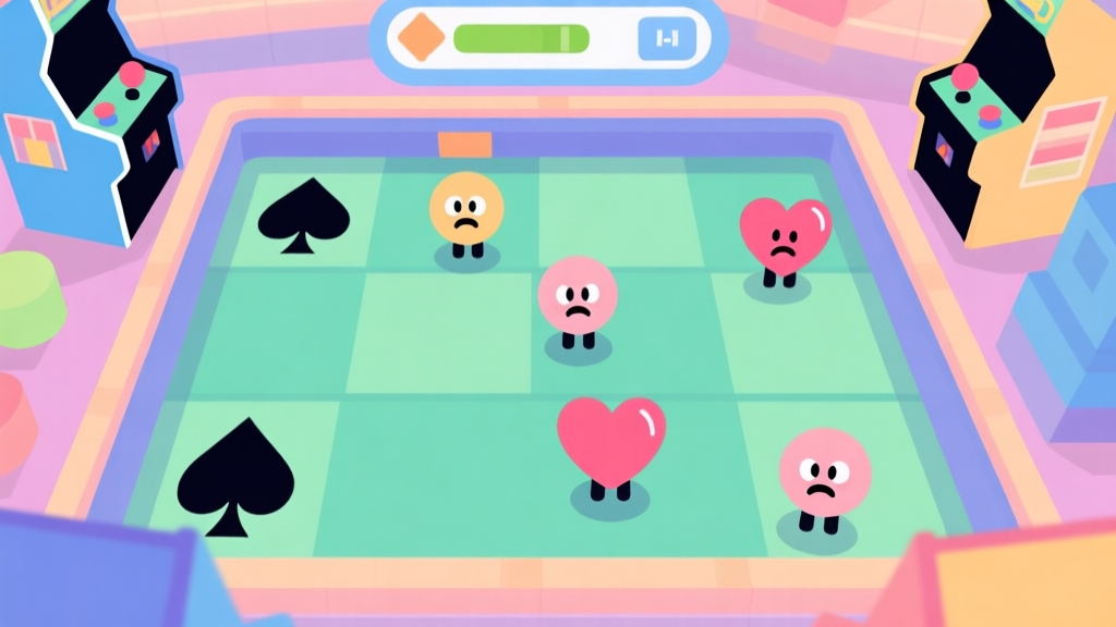 A beginner's view of a vibrant, top-down arcade game arena with simple geometric spades and hearts as player characters, looking slightly overwhelmed, soft pastel colors, clean UI elements high quality illustration, detailed, 16:9