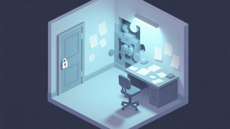 自动生成图片: A minimalist, isometric illustration of a mysterious puzzle room with soft lighting, showing a locked door, a desk with scattered notes, and a hint of hidden mechanisms in pastel blue and grey tones high quality illustration, detailed, 16:9