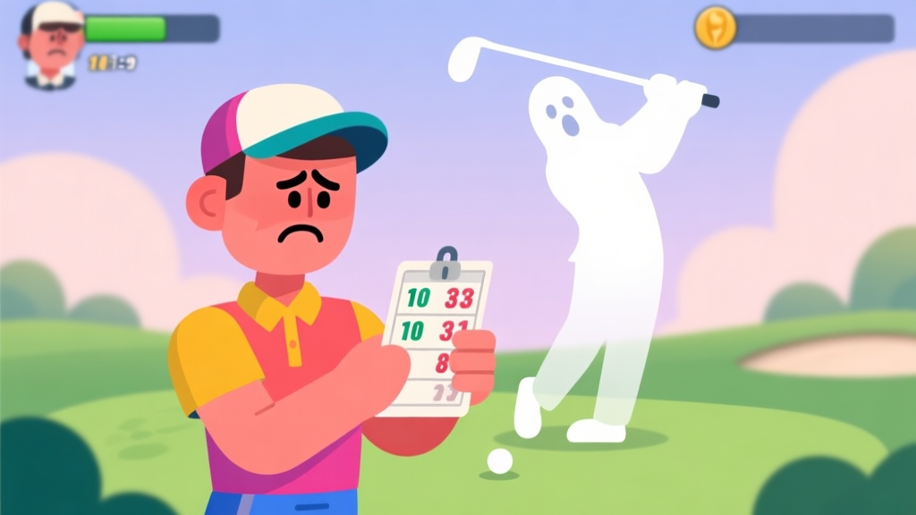 A frustrated golfer avatar in a colorful golf game, looking at a scorecard with high numbers, while a ghostly image of a perfect swing is overlaid in the background, soft pastel colors, flat design style high quality illustration, detailed, 16:9