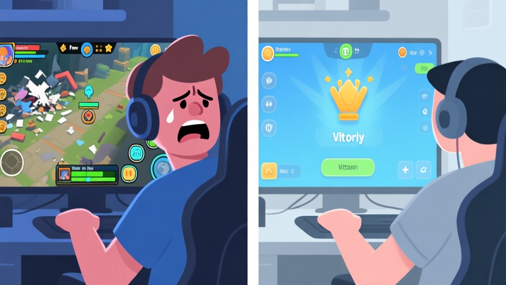 A split-screen image showing a frustrated new player on the left with a messy game screen, and a calm, focused player on the right with clear UI indicators and a victory screen, using a soft color palette of blues and greys high quality illustration, detailed, 16:9