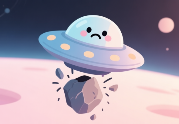 自动生成图片: Cute cartoon UFO with a sad face, crashing into a floating rock in a pastel-colored space background, soft lighting, simple shapes high quality illustration, detailed, 16:9
