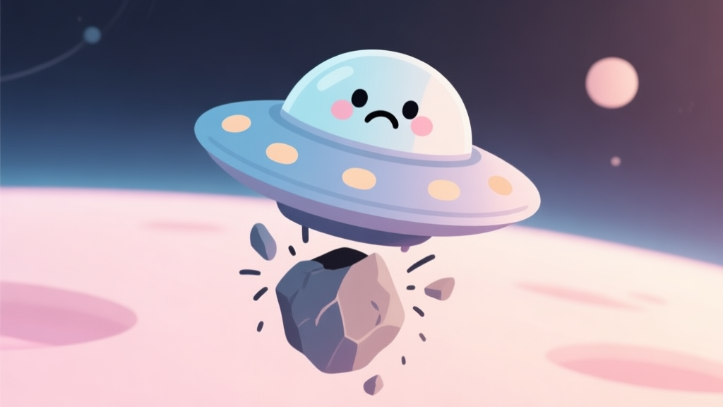 Cute cartoon UFO with a sad face, crashing into a floating rock in a pastel-colored space background, soft lighting, simple shapes high quality illustration, detailed, 16:9