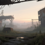 自动生成图片: A desolate, softly lit post-apocalyptic landscape at dawn, with rusted metal structures and overgrown vegetation, viewed from a low perspective as if through the eyes of a new survivor, muted earth tones and cool greys high quality illustration, detailed, 16:9