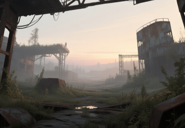 自动生成图片: A desolate, softly lit post-apocalyptic landscape at dawn, with rusted metal structures and overgrown vegetation, viewed from a low perspective as if through the eyes of a new survivor, muted earth tones and cool greys high quality illustration, detailed, 16:9