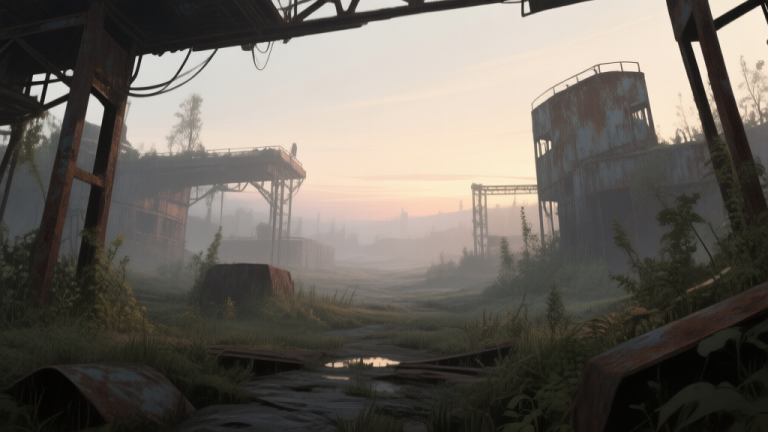 自动生成图片: A desolate, softly lit post-apocalyptic landscape at dawn, with rusted metal structures and overgrown vegetation, viewed from a low perspective as if through the eyes of a new survivor, muted earth tones and cool greys high quality illustration, detailed, 16:9