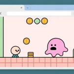 自动生成图片: A playful, minimalist browser window showing a simple 2D arcade game with a small character, coins, and a blob enemy, soft pastel colors, clean lines high quality illustration, detailed, 16:9