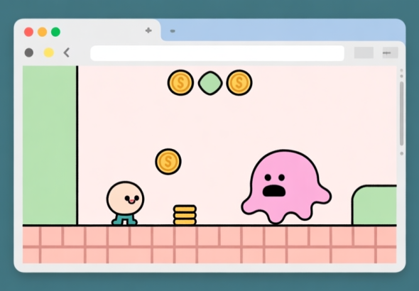 自动生成图片: A playful, minimalist browser window showing a simple 2D arcade game with a small character, coins, and a blob enemy, soft pastel colors, clean lines high quality illustration, detailed, 16:9