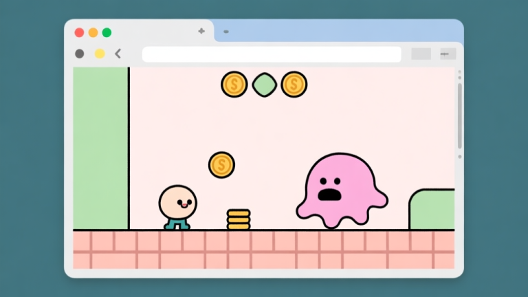 自动生成图片: A playful, minimalist browser window showing a simple 2D arcade game with a small character, coins, and a blob enemy, soft pastel colors, clean lines high quality illustration, detailed, 16:9