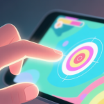 自动生成图片: A close-up view of a hand with a soft glow at the fingertips, hovering over a vibrant mobile game screen showing abstract targets, in a calm and focused atmosphere, soft color palette high quality illustration, detailed, 16:9