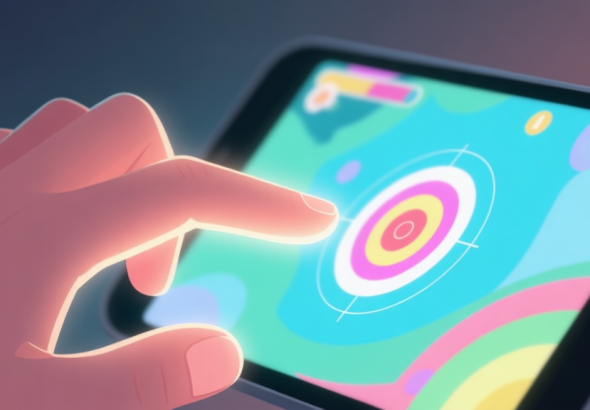 自动生成图片: A close-up view of a hand with a soft glow at the fingertips, hovering over a vibrant mobile game screen showing abstract targets, in a calm and focused atmosphere, soft color palette high quality illustration, detailed, 16:9