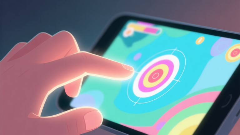 自动生成图片: A close-up view of a hand with a soft glow at the fingertips, hovering over a vibrant mobile game screen showing abstract targets, in a calm and focused atmosphere, soft color palette high quality illustration, detailed, 16:9