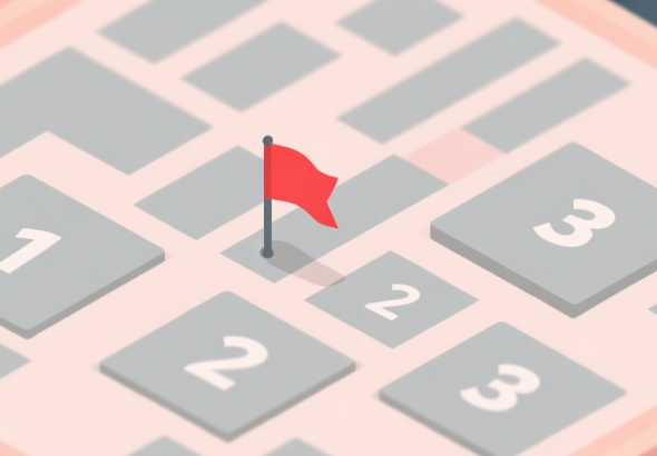 自动生成图片: A minimalist, top-down view of a Minesweeper grid in soft pastel colors, showing numbers 1, 2, and 3 amidst gray squares, with a single red flag placed strategically, flat design style high quality illustration, detailed, 16:9
