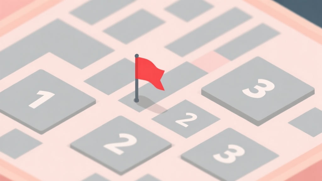 A minimalist, top-down view of a Minesweeper grid in soft pastel colors, showing numbers 1, 2, and 3 amidst gray squares, with a single red flag placed strategically, flat design style high quality illustration, detailed, 16:9