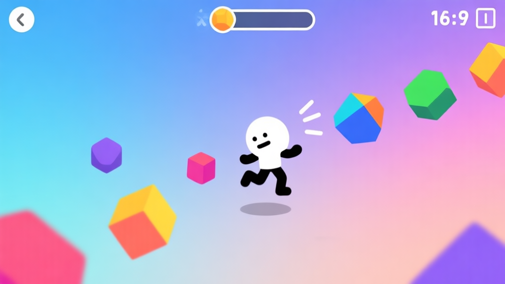 A vibrant, minimalist mobile game screen showing a simple character dodging colorful geometric obstacles on a clean, gradient background, evoking a sense of casual yet challenging gameplay high quality illustration, detailed, 16:9