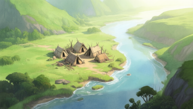 自动生成图片: A serene, top-down view of a lush green valley in a prehistoric setting, with a small, disorganized cluster of primitive huts near a river, soft morning light, watercolor style, peaceful yet slightly chaotic high quality illustration, detailed, 16:9