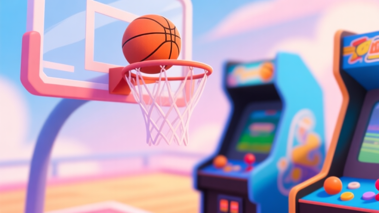 自动生成图片: A vibrant, playful arcade game scene showing a basketball about to be dunked into a hoop, side view, soft pastel colors, dynamic motion blur, cartoonish style high quality illustration, detailed, 16:9