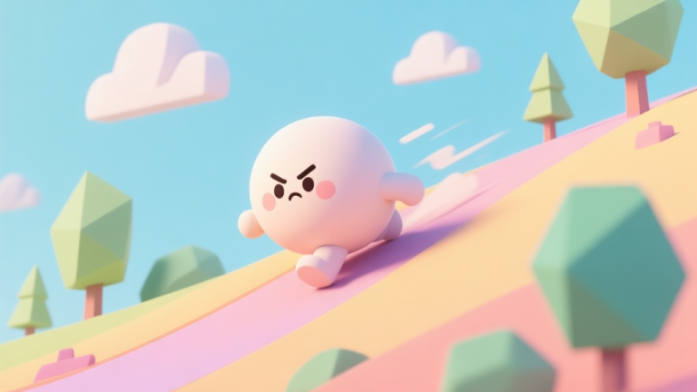 自动生成图片: A cute, round character with a determined expression rolling down a vibrant, slightly slanted hill, soft pastel colors, simple geometric shapes for trees and clouds, evoking a sense of lighthearted fun and motion high quality illustration, detailed, 16:9