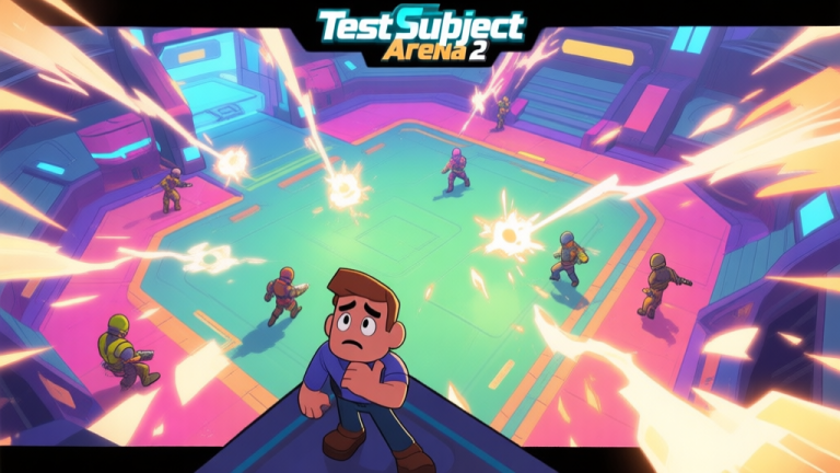 自动生成图片: A dynamic, top-down view of a colorful sci-fi game arena from Test Subject Arena 2, showing a new player character looking confused amidst chaotic energy blasts and veteran players moving with purpose, soft lighting, illustrative style high quality illustration, detailed, 16:9