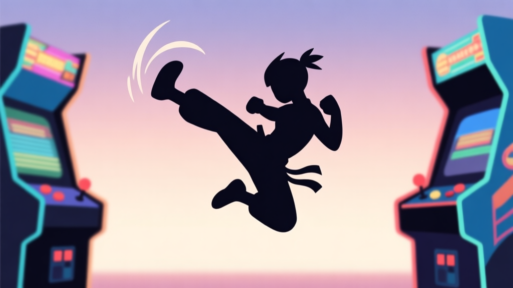A dynamic, stylized silhouette of a video game character mid-air performing a spinning kick, against a soft gradient background of arcade machine lights, minimalist illustration style high quality illustration, detailed, 16:9