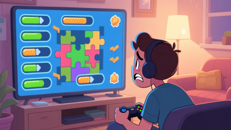 自动生成图片: A frustrated gamer looking at a complex puzzle game screen with multiple incomplete progress bars, in a cozy room setting, soft lighting, cartoon illustration style high quality illustration, detailed, 16:9