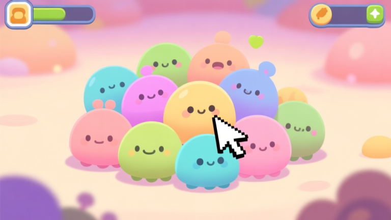 自动生成图片: A vibrant, cozy game screenshot showing a cluster of cute, round Oodlegobs creatures in various pastel colors on a soft background, with a player's cursor hovering over one, simple and inviting mobile game art style high quality illustration, detailed, 16:9