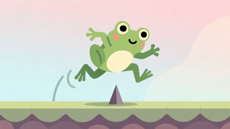 自动生成图片: A cute, minimalist frog character from a mobile game mid-jump over a simple spike obstacle, on a soft pastel gradient background, flat design style, calm and inviting colors high quality illustration, detailed, 16:9