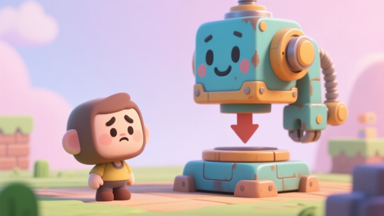 自动生成图片: A cute, simple 3D render of a cartoonish game character looking confused at a giant, friendly-looking mechanical press with an arrow pointing down, in a soft pastel game environment high quality illustration, detailed, 16:9