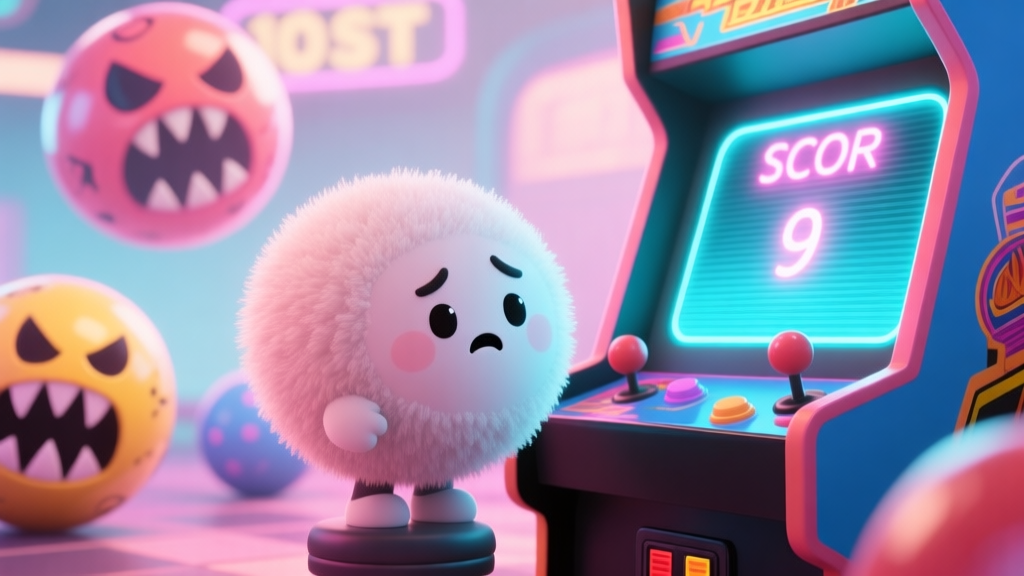 A cute, fluffy ball character in a vibrant arcade game scene looking confused at a low score on a neon-lit screen, with larger threatening balls in the background, soft pastel color palette, cartoon style high quality illustration, detailed, 16:9