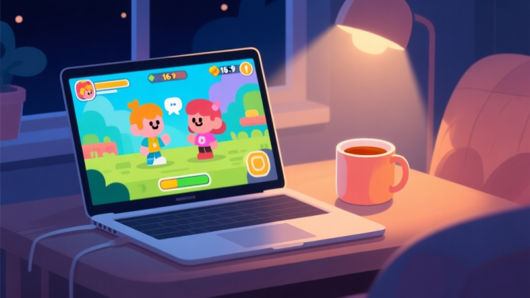 自动生成图片: A cozy, inviting scene of a gaming setup at night. A laptop screen shows a colorful, stylized game scene with two cartoon characters talking. Next to the laptop is a warm mug of tea, soft lighting, comfortable ambiance, flat illustration style with soft colors high quality illustration, detailed, 16:9