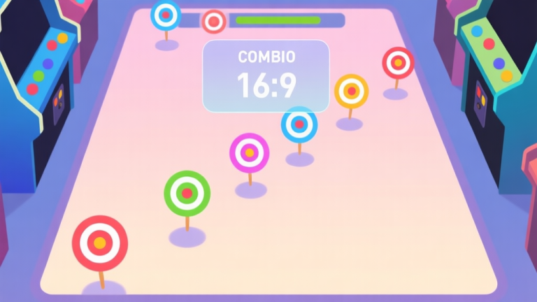 自动生成图片: A top-down view of a vibrant, minimalist arcade game screen showing multiple colorful targets popping up in sequence, with a translucent combo counter overlay showing a high number, soft pastel color palette high quality illustration, detailed, 16:9