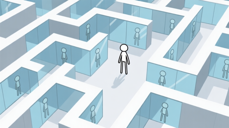 自动生成图片: A minimalist top-down view of a maze made of mirrors and glass walls, a simple stick figure character facing multiple reflections of itself, soft blue and grey color palette, clean lines, puzzle game aesthetic high quality illustration, detailed, 16:9