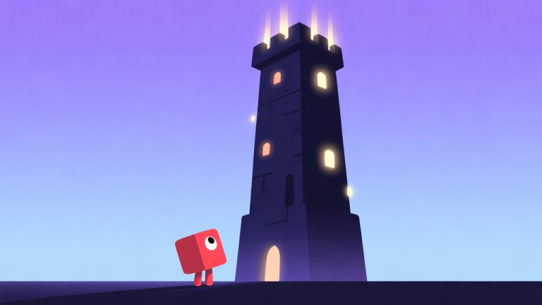 自动生成图片: A minimalist illustration of a tiny red square character looking up at an impossibly tall, dark tower with glowing obstacles, in a flat design style with a soft, melancholic purple and blue gradient background high quality illustration, detailed, 16:9