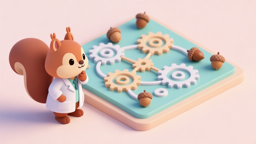 A cute squirrel character in a lab coat looks thoughtfully at a complex but visually clean puzzle board with interconnected gears and acorns, soft pastel color scheme, isometric view high quality illustration, detailed, 16:9