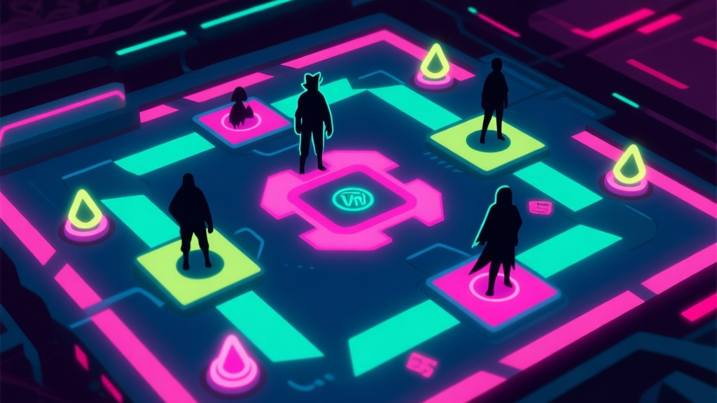 Dynamic top-down view of a Neon War map, showing key choke points and power-up spawn locations highlighted in glowing neon colors, with minimalist character silhouettes in strategic positions high quality illustration, detailed, 16:9