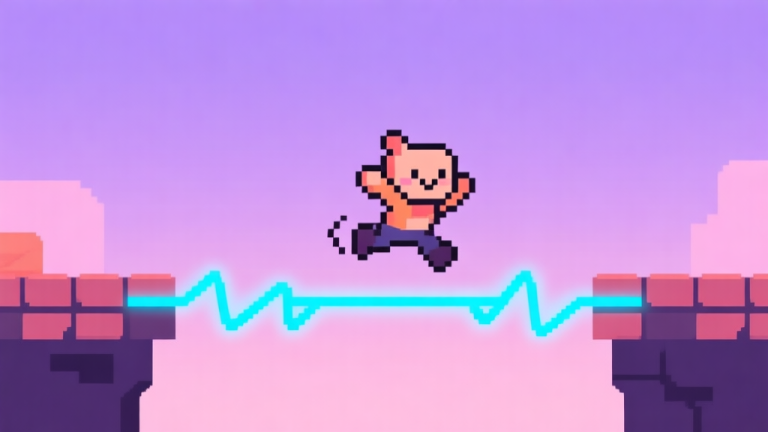 自动生成图片: A vibrant, minimalist 2D game scene showing a cute pixel character mid-jump over a glowing blue electrical wire, against a simple gradient background of soft purple and pink. The style is clean, flat design with sharp shadows. high quality illustration, detailed, 16:9
