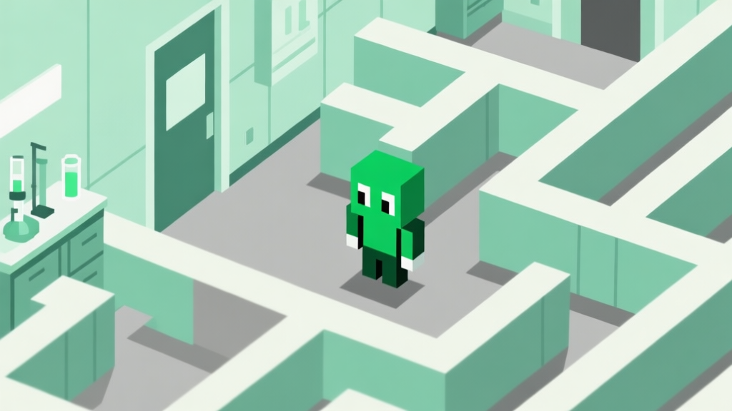 A minimalist, top-down view of a green pixelated character in a maze-like laboratory corridor, soft green and grey color palette, clean geometric shapes, flat design style high quality illustration, detailed, 16:9