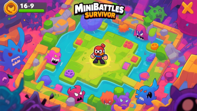 自动生成图片: A top-down view of a colorful, chaotic Minibattles Survivor map, with one player character isolated in a bad position surrounded by threats, in a vibrant cartoon game art style high quality illustration, detailed, 16:9