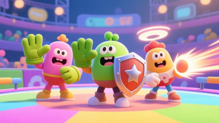 自动生成图片: A vibrant, playful scene from a casual multiplayer game. Three distinct cartoon characters with exaggerated features (like big gloves, a shield, and a speed aura) are standing together on a colorful arena stage, looking ready for action. The style is bright, friendly, and slightly chaotic, with a soft color palette. high quality illustration, detailed, 16:9