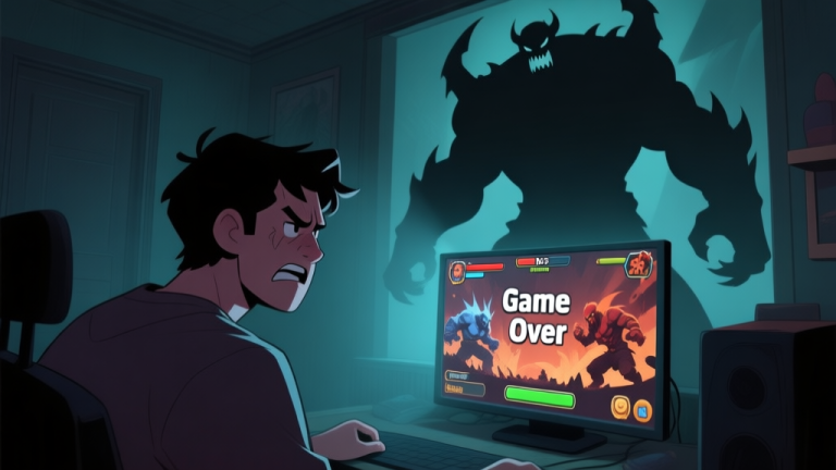 自动生成图片: A frustrated player in a dimly lit room, staring at a game screen showing a 'Game Over' message after a dramatic boss fight, with a large, intimidating boss silhouette in the background. Soft, dramatic lighting. high quality illustration, detailed, 16:9