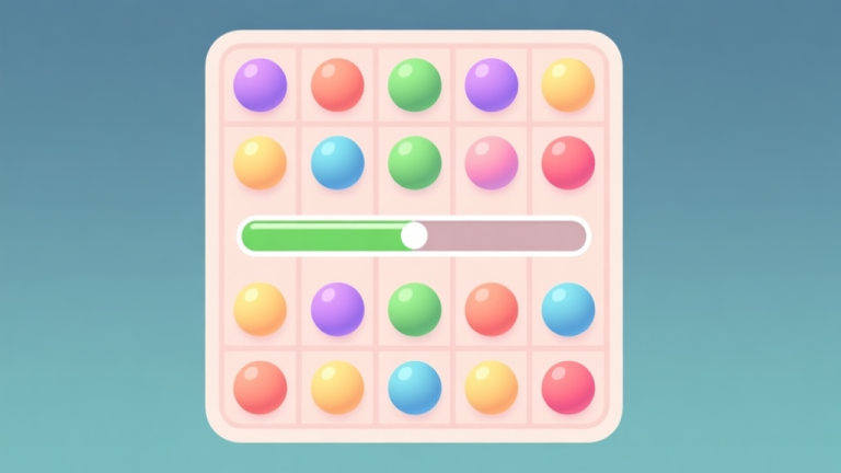 自动生成图片: A minimalist game interface of a puzzle game showing a grid with colorful balls, a progress bar stuck exactly at the midpoint, soft pastel colors, clean lines, flat design style high quality illustration, detailed, 16:9