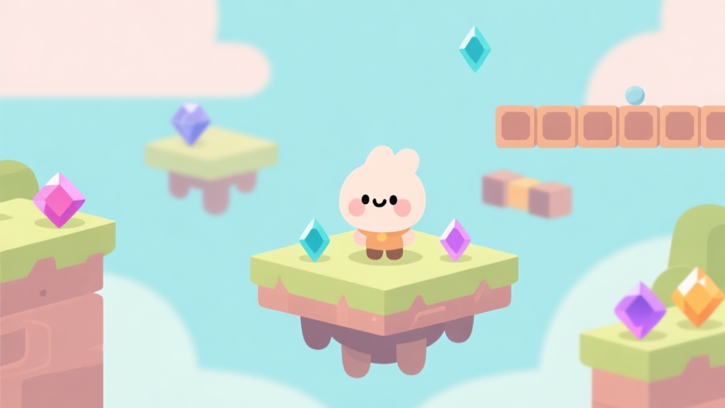 A cheerful, minimalist game scene showing a cute character on a floating platform, with simple obstacles and collectible gems in the background, soft pastel color palette, flat design style high quality illustration, detailed, 16:9