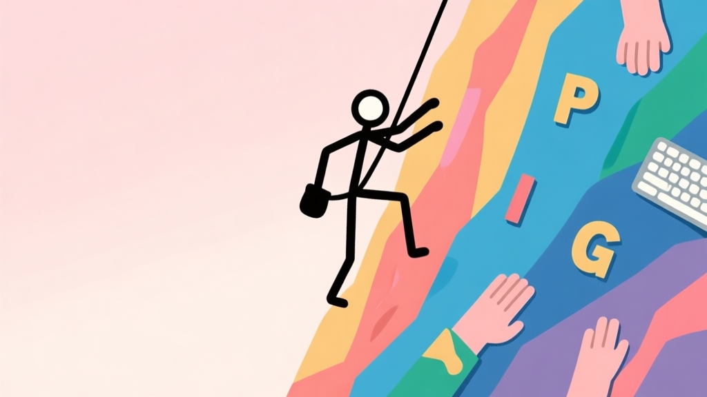 A minimalist illustration of a stick figure climber on a colorful rock face, with letters from a keyboard scattered as handholds, soft pastel background, flat design style high quality illustration, detailed, 16:9