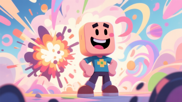 自动生成图片: A cheerful, cartoonish video game character with a goofy expression, standing confidently amidst abstract, chaotic visual effects like explosions and swirling colors, soft pastel color palette high quality illustration, detailed, 16:9