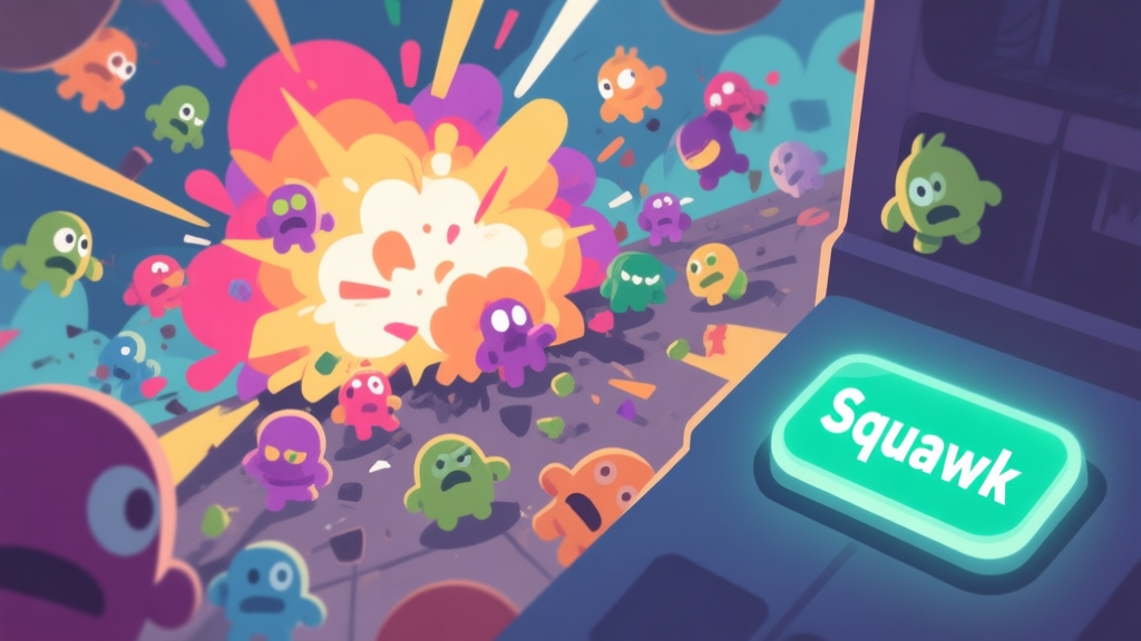 A chaotic video game scene with colorful explosions and numerous small enemy characters swarming, a single highlighted button labeled "Squawk" glows calmly in the corner, flat design style with soft colors high quality illustration, detailed, 16:9