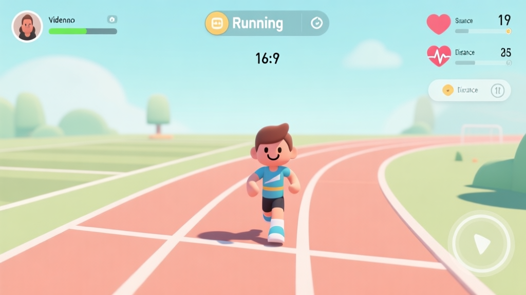 A clean, welcoming video game interface for a running simulator, showing a simple track, a friendly avatar, and clear but minimal on-screen stats like heart rate and distance, in a soft pastel color palette high quality illustration, detailed, 16:9