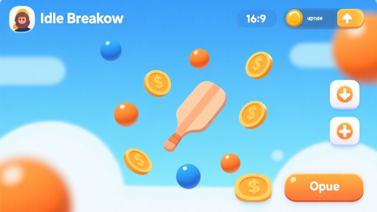 自动生成图片: A vibrant, minimalist game UI screenshot of Idle Breakout showing a paddle, multiple balls, coins floating, and upgrade buttons, in a clean flat design with soft blues, oranges, and whites high quality illustration, detailed, 16:9
