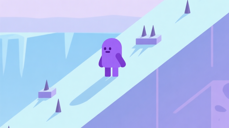 自动生成图片: A minimalist game scene showing a purple character on a simple geometric slope, with a clear path and obstacles like spikes, in a soft pastel color palette with icy blue and lavender tones, flat design style high quality illustration, detailed, 16:9