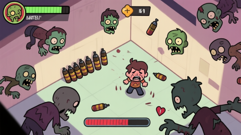 自动生成图片: A top-down view of a chaotic zombie match from a beginner's perspective, showing a player character surrounded in a corner, ammo low, health bar critical, with multiple zombie icons closing in. Soft, muted color palette with highlights on the player's distress. high quality illustration, detailed, 16:9