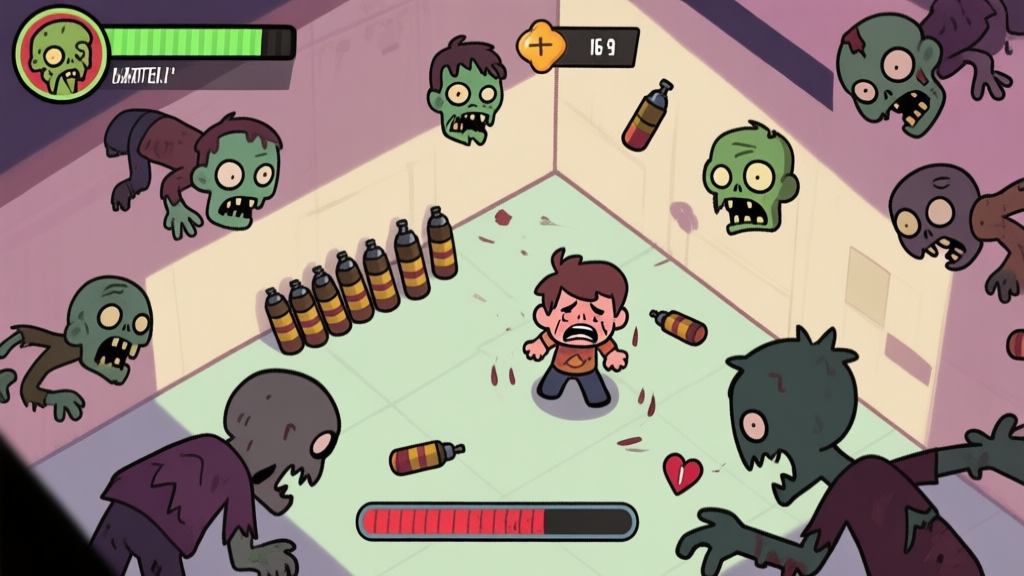 A top-down view of a chaotic zombie match from a beginner's perspective, showing a player character surrounded in a corner, ammo low, health bar critical, with multiple zombie icons closing in. Soft, muted color palette with highlights on the player's distress. high quality illustration, detailed, 16:9
