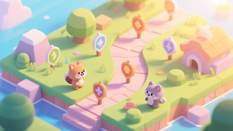 自动生成图片: A cheerful, isometric view of a vibrant game world with cute animal characters, a winding path leading to different quest markers, soft pastel color palette, warm sunlight, digital illustration style high quality illustration, detailed, 16:9